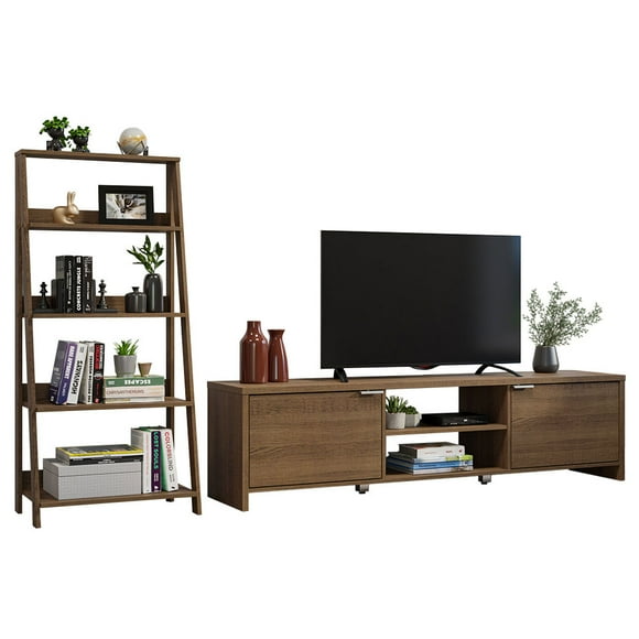 Madesa TV Stand with Storage 80" + Ladder Shelf Standing Bookcase - Rustic