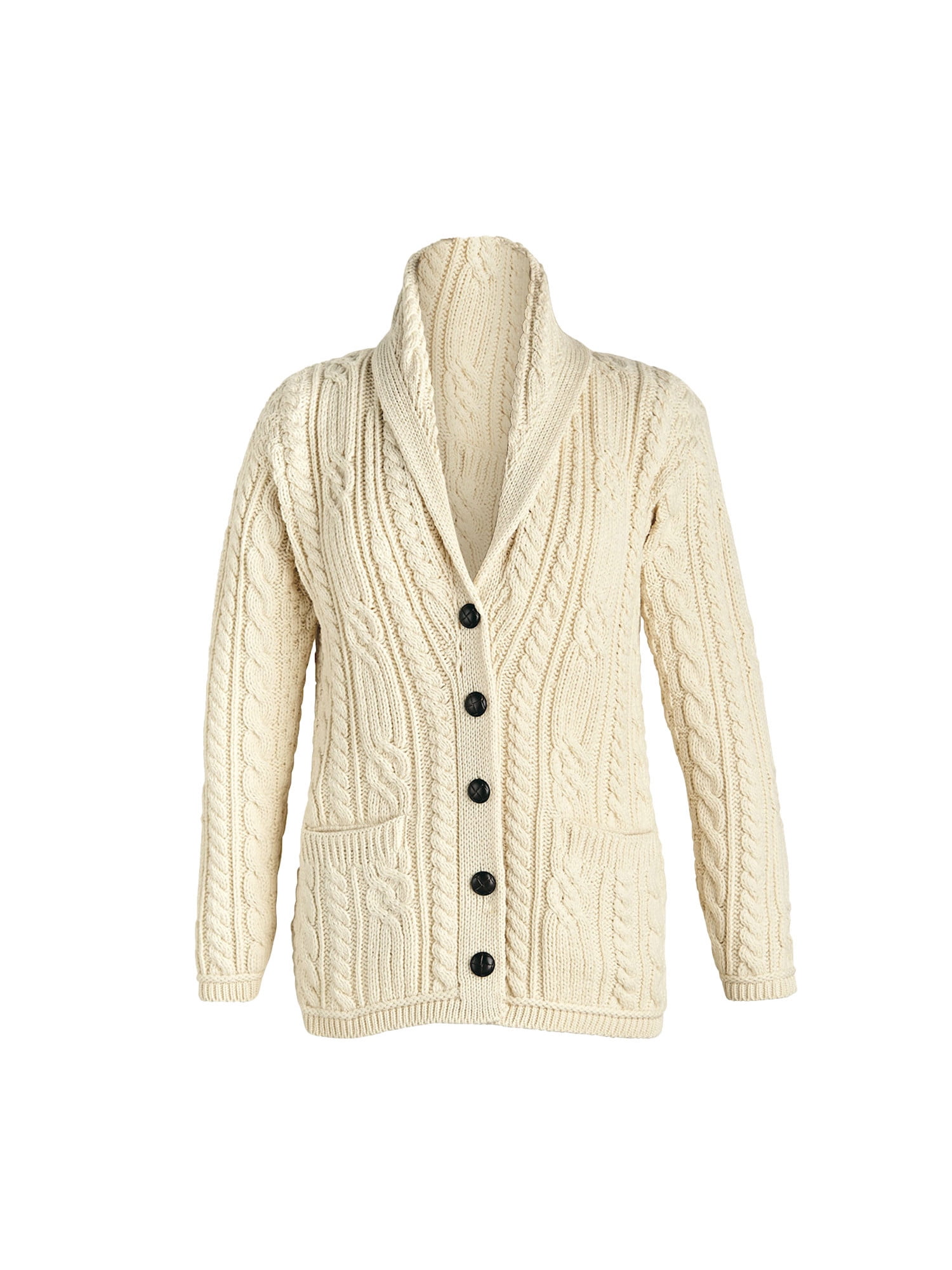 Womens Ladies Long Sleeve 3 Button Cropped Chunky Aran Cable Knitted Grandad Cardigan 