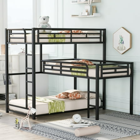 Euroco Metal Twin Size 3-in-1 Triple Bunk Bed, Twin over Twin over Twin Bed for Kids Teens Room, L-Shaped Three Beds with Ladders and Safety Guardrails for Limited Rooms, Black