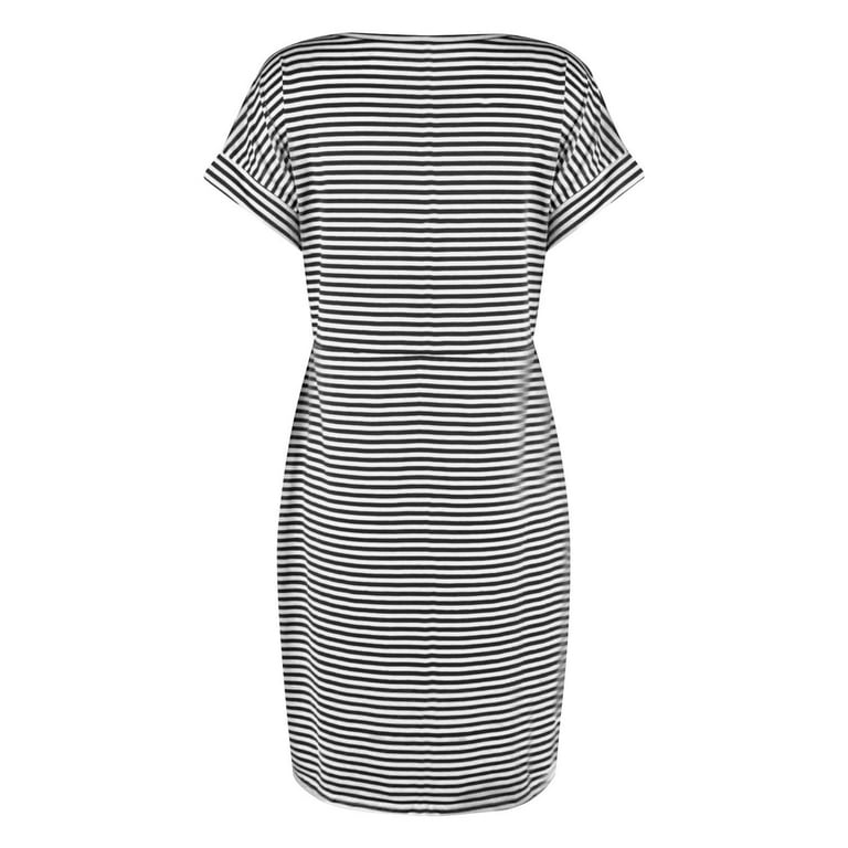 Tnhcen Women's Striped Round Neck Short Sleeve Tie Waist Pocket Dress Cotton  - Like Spandex Blend, Casual Summer Bodycon Dress for Women Size S - 2XL,  Stretchy Daily Wear - Walmart.com