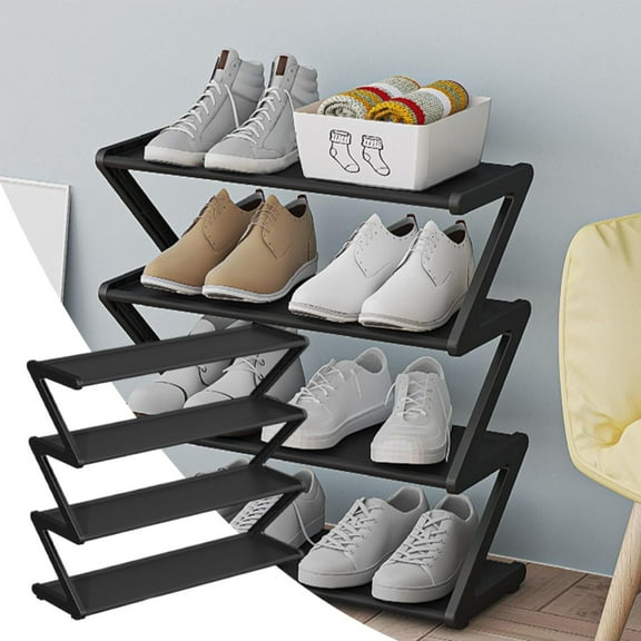 Z-Shape Shoe Rack, Small Shoe Rack, 4 Tier Shoe Organizer, Space-Saving Shoe Storage Shelf, shoe Organizer for entryway for Entryway, Bedroom, Closet Use(Black)