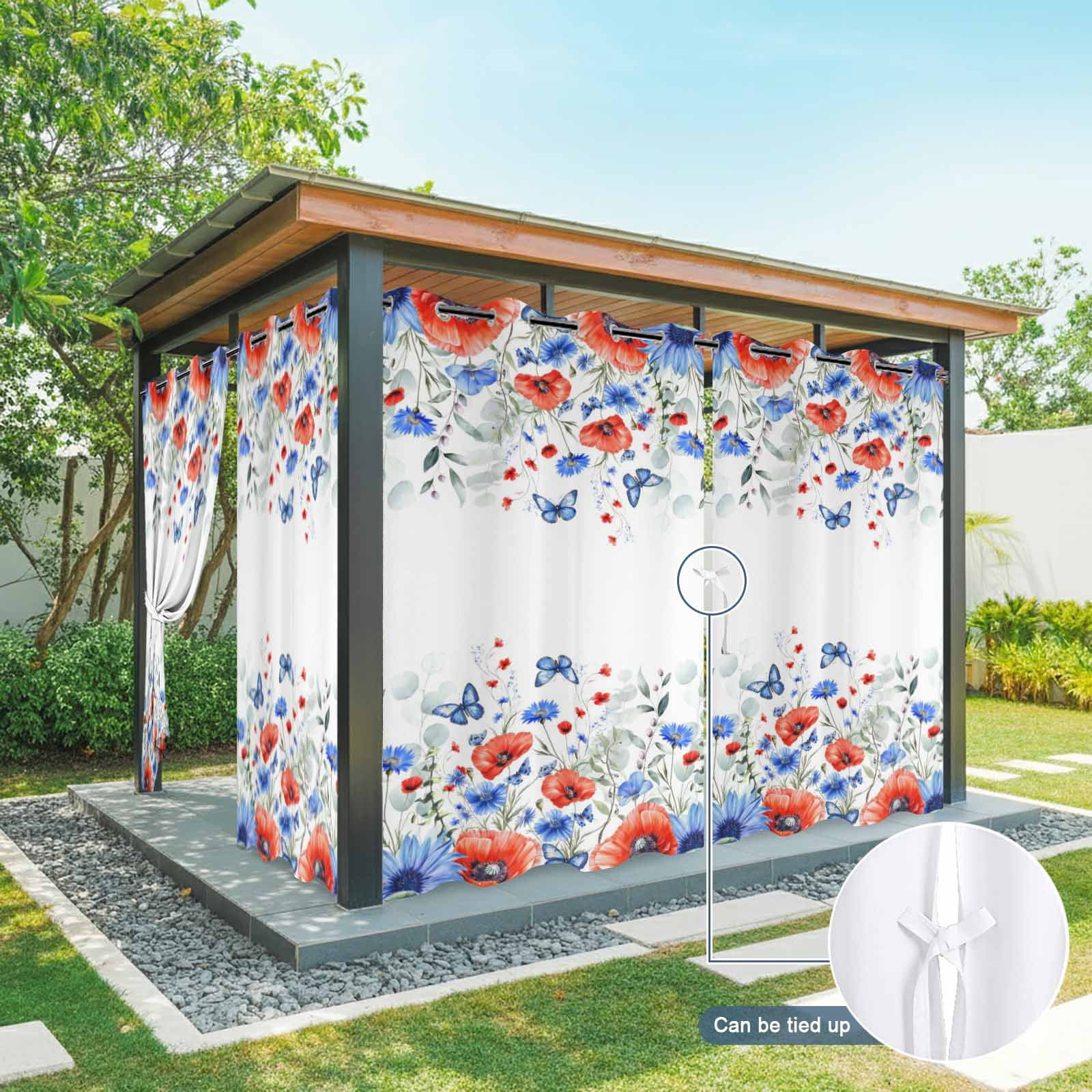 Independence Day Outdoor Curtains for Patio, Red Blue Poppy Butterfly Eucalyptus Leaf Sunshade Privacy Drapes Grommet Waterproof Outside Curtains for Porch/Cabana/Balcony 54"x 108", 1 Panel
