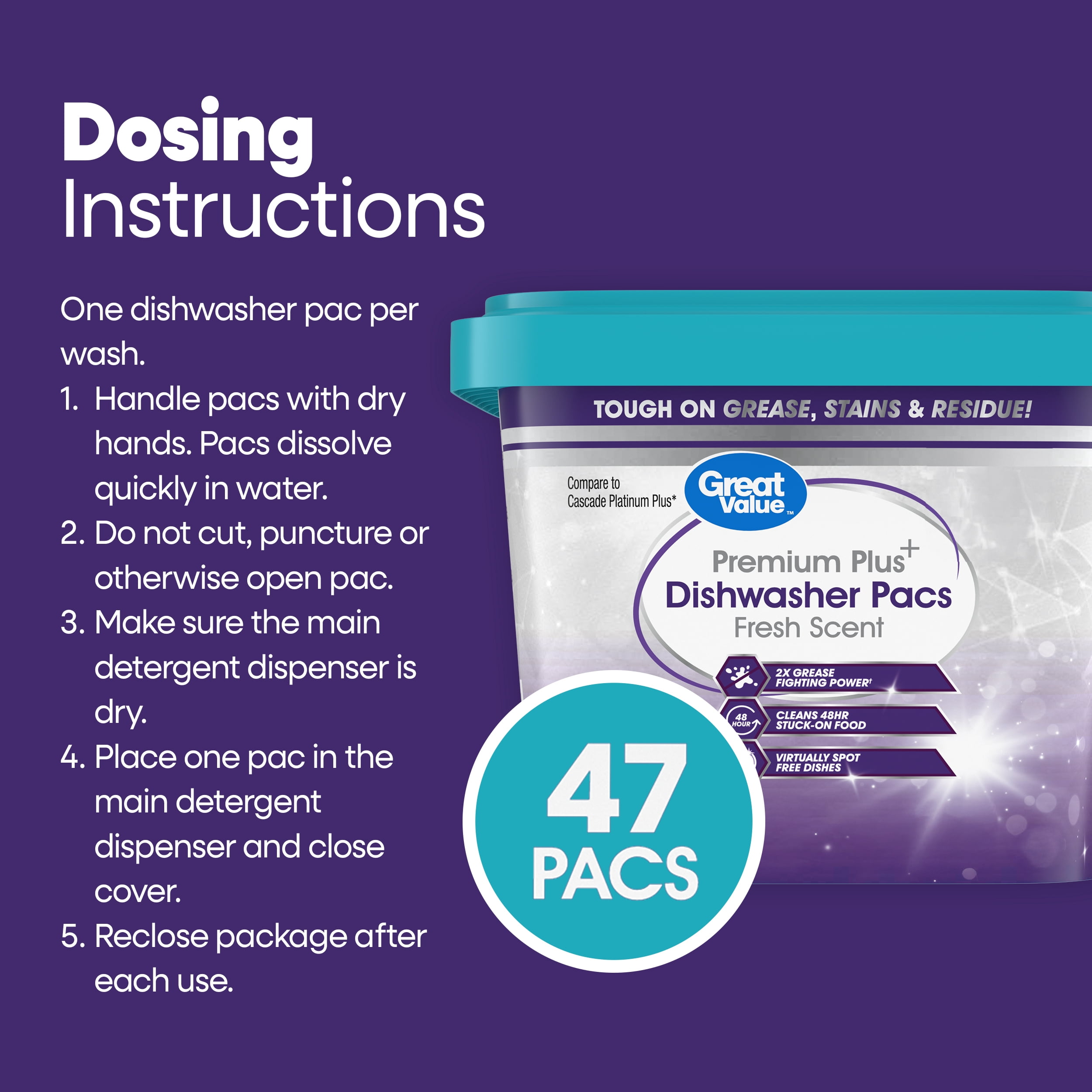 (4 pack) Great Value Premium Plus Dishwasher Pacs, Fresh Scent, 47 Count