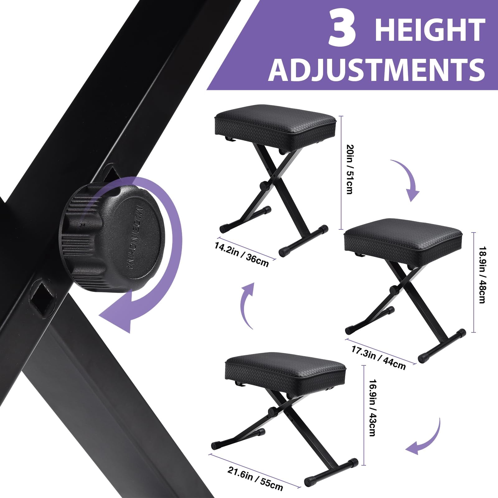 Adjustable Piano Bench Keyboard Stool - Extra Comfortable With 3.54 Inch Thickness Padded Cushion  X-style 3 Level Height Foldable&portable Chair Seat