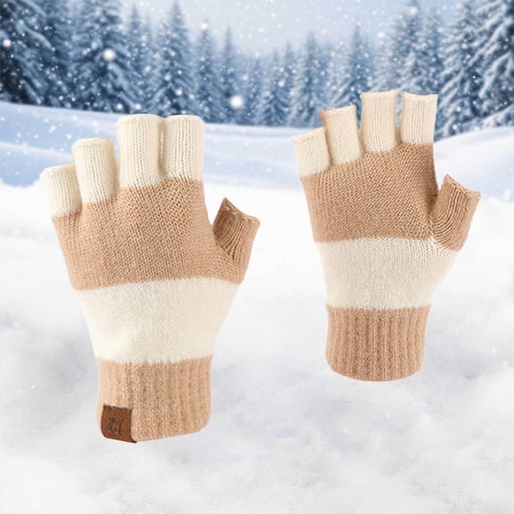 CUZIBR Mittens For Women Knitted Fingerless Thermal Mittens Half Finger Warm Touchscreen Color Block Gloves For Cycling Running Outdoor Activities