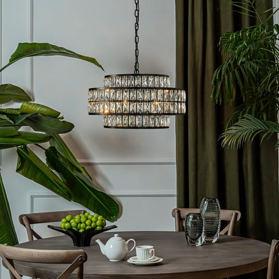 22'' Modern Crystal Chandelier 6-Light Matte Black Tiered Drum Pendant Light Fixture for Dining Room and Kitchen
