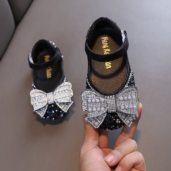YMNXA Children Baby Girls Sandals Soft Sole Non Closed Toe Cute Sequin Bow Decoration Hook Loop Comfortable Fashion Shoes For Wedding Birthday Party,Black,2-2.5 Years