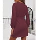 thumbnail image 4 of Vestido de manga larga para mujer, cuello redondo, Color puro, transpirable, patrón de gofres, vestido con cinturón, vestido envolvente para la vida diaria, 4 of 6