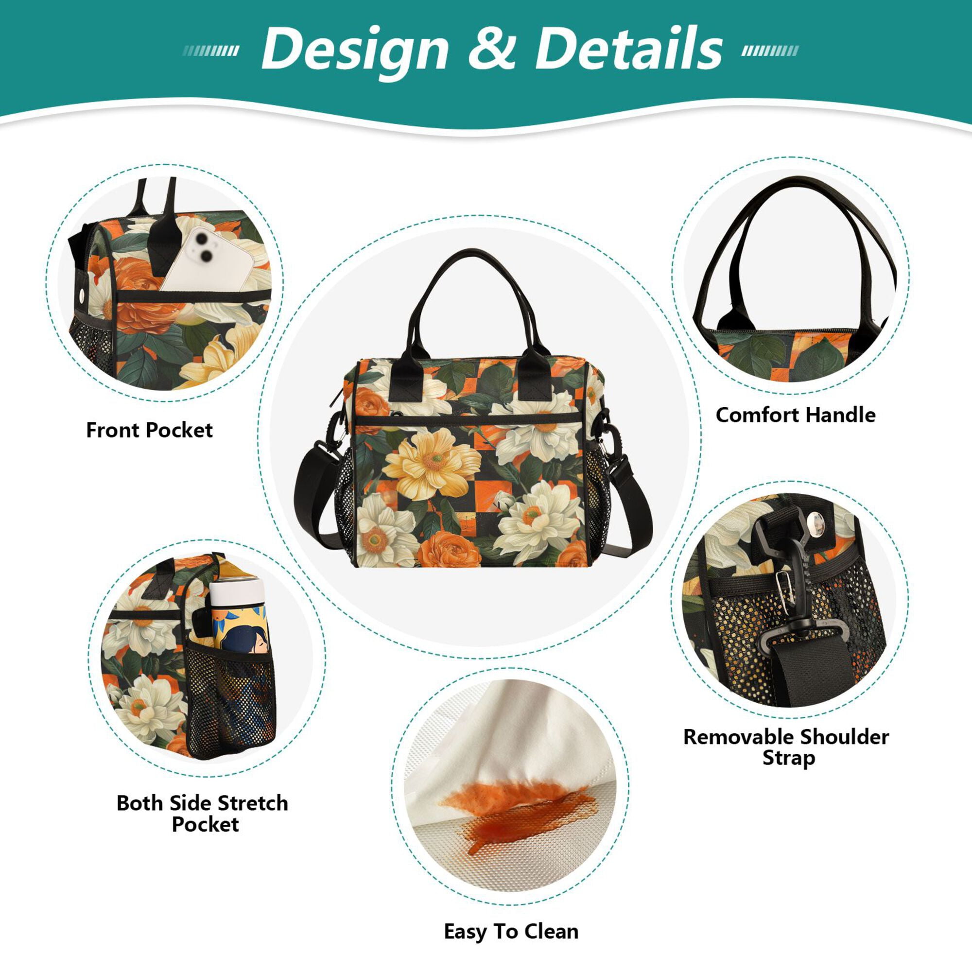FORMRS Insulated Lunch Bag for Work School Unisex Large Capacity Cooler with Shoulder Strap, Bright Floral
