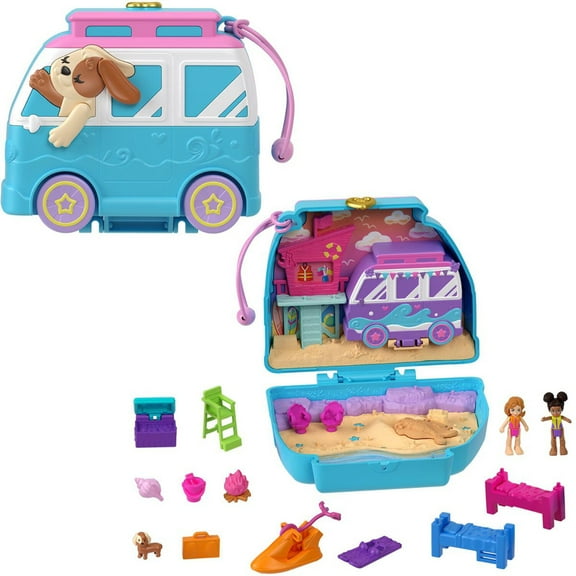 Polly Pocket Dolls and Playset, Travel Toy with Fidget Exterior, Seaside Puppy Ride Compact with 12 Accessories