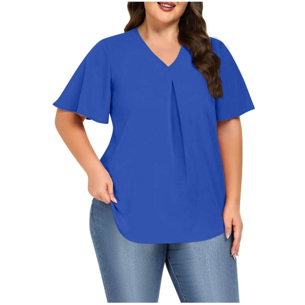 Karight Womens Plus Size Tops Short Sleeve V Neck Tunic Casual Loose Fit Summer Shirt Pleated Curve Hem Side Split Blouses
