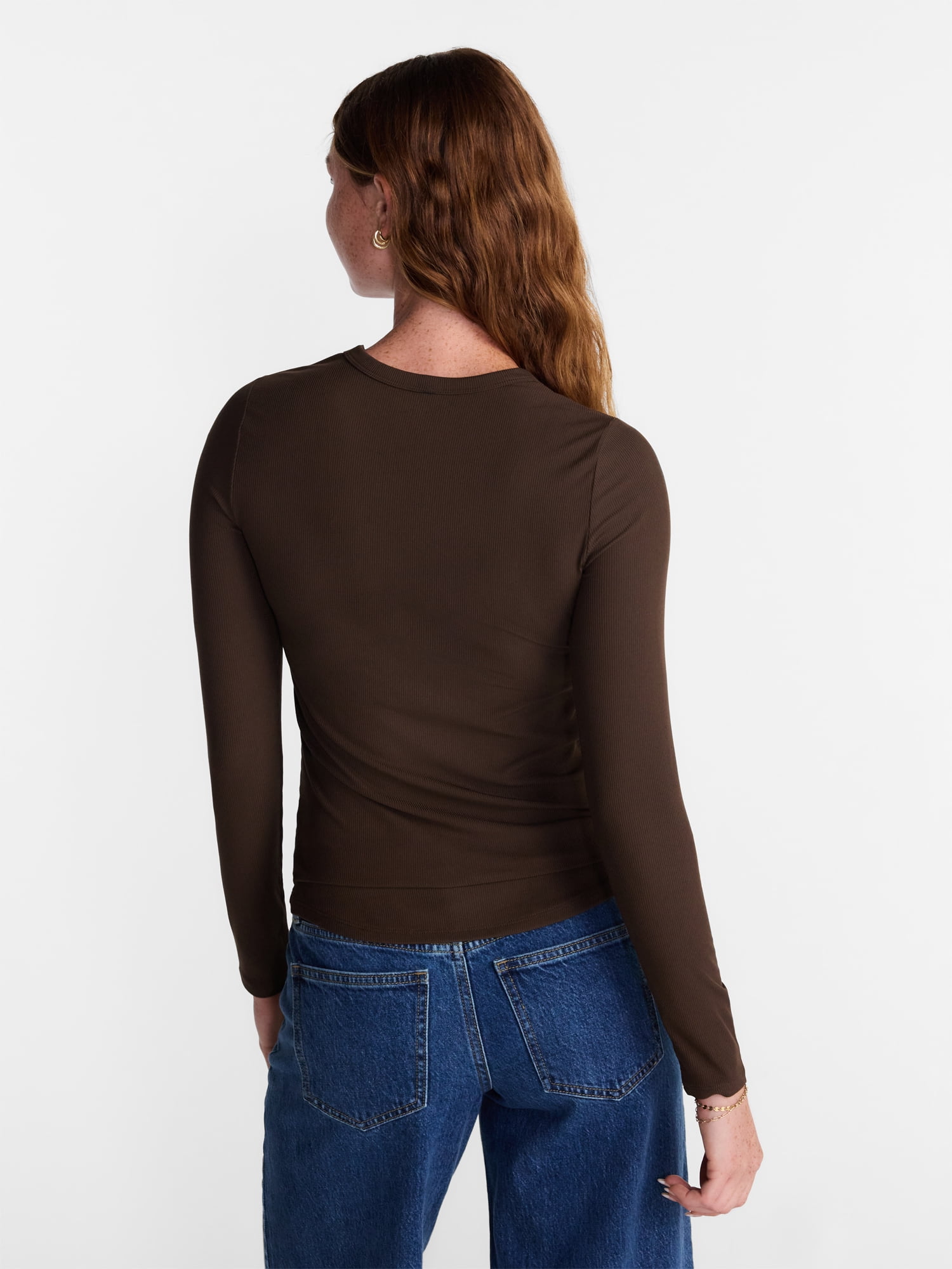 No Boundaries Ribbed Crewneck Tee with Long Sleeves, Women's and Women's Plus XXS-4X