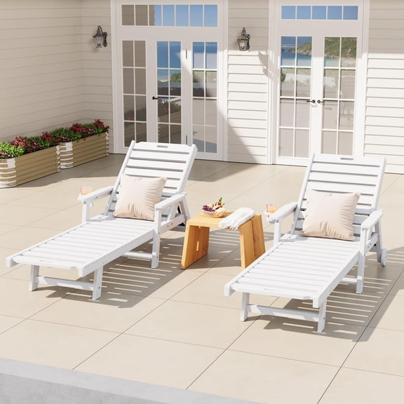 HDPE Patio Chaise Lounge Chair – 5-Position Adjustable Recliner, Cup Holder, Removable Wheels, Heavy Duty, Weather Resistant Outdoor Poolside Furniture