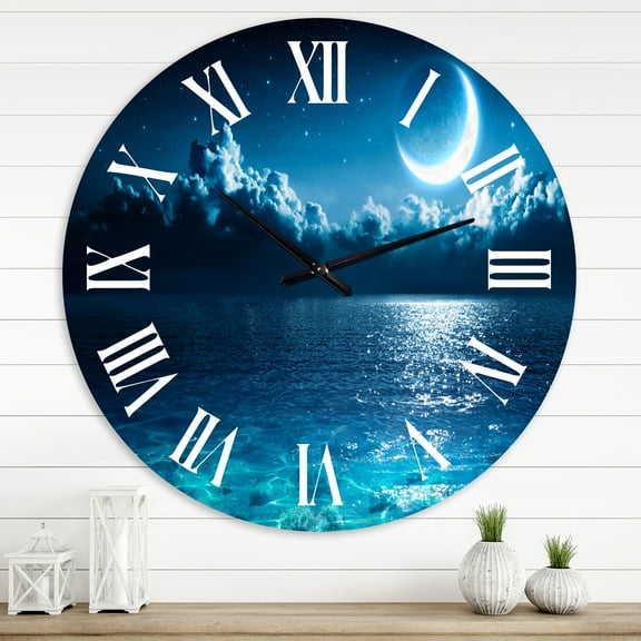 Designart 'Romantic Moon Over Deep Blue Sea I' Nautical & Coastal Wall Clock