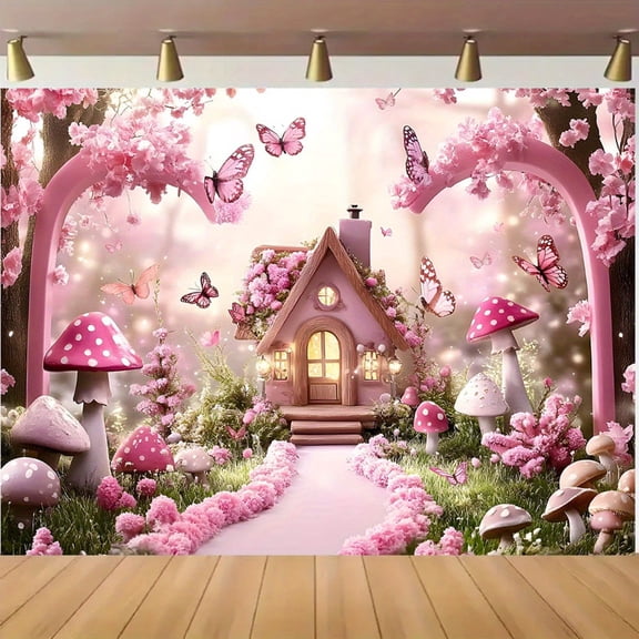 Fairy Tale Backdrop Enchanted Magical Forest Wonderland Photography Background Pink Mushroom Butterfly House Birthday Party Decorations Banner Supplies Photo Booth Props