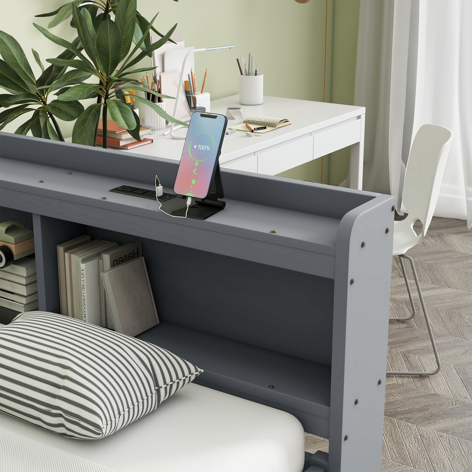 Sailvan Full Size L-shaped Bookcases Bed with Power Outlets, USB Charging Ports,Two Drawers