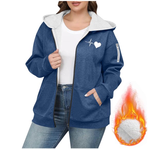 Mevxay Plus Size Fleece Jackets for Women Cute Heart Print Sherpa Lined Hooded Jacket Trendy Zip up Long Sleeve Hoodies Warm Winter Coats Navy 4XL