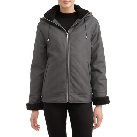 Women's Diamond Quilt Sueded PU Coat with Hood
