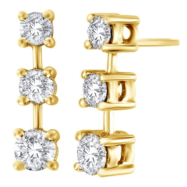 Jewel Zone US White Natural Diamond Linear Three Stone Drop Earrings