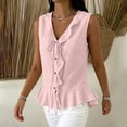 thumbnail image 3 of Lightweight Camisole Linen Women’s V-Neck Tank Tops Summer Sleeveless Tops with Front Button Drawstring Fashion Ruffle Hem Casual Blouses Pinks S, 3 of 7
