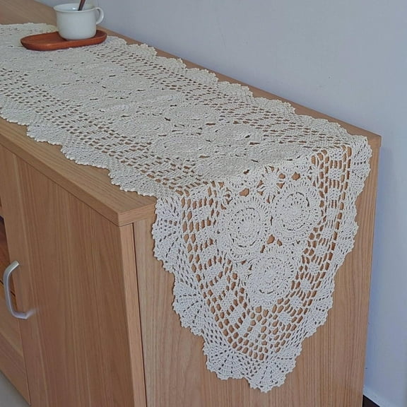 Hand Crochet Lace Table Runner Farmhouse Dresser Scarf for Furniture