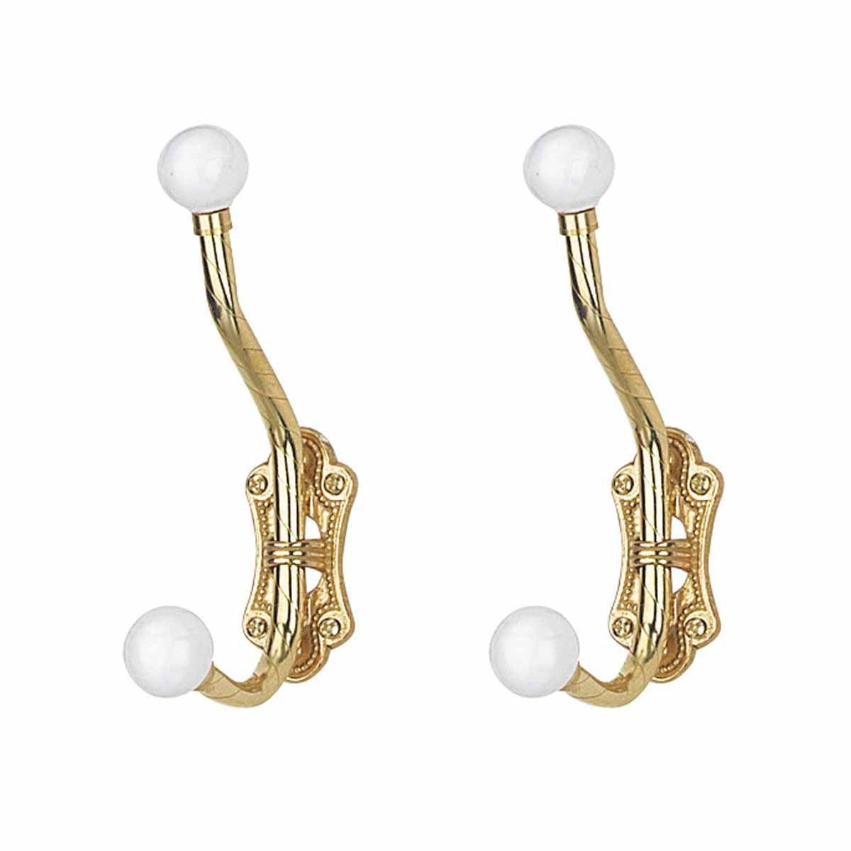 2 Coat Hooks Porcelain Knob Bright Solid Brass Set of 2 Renovator's