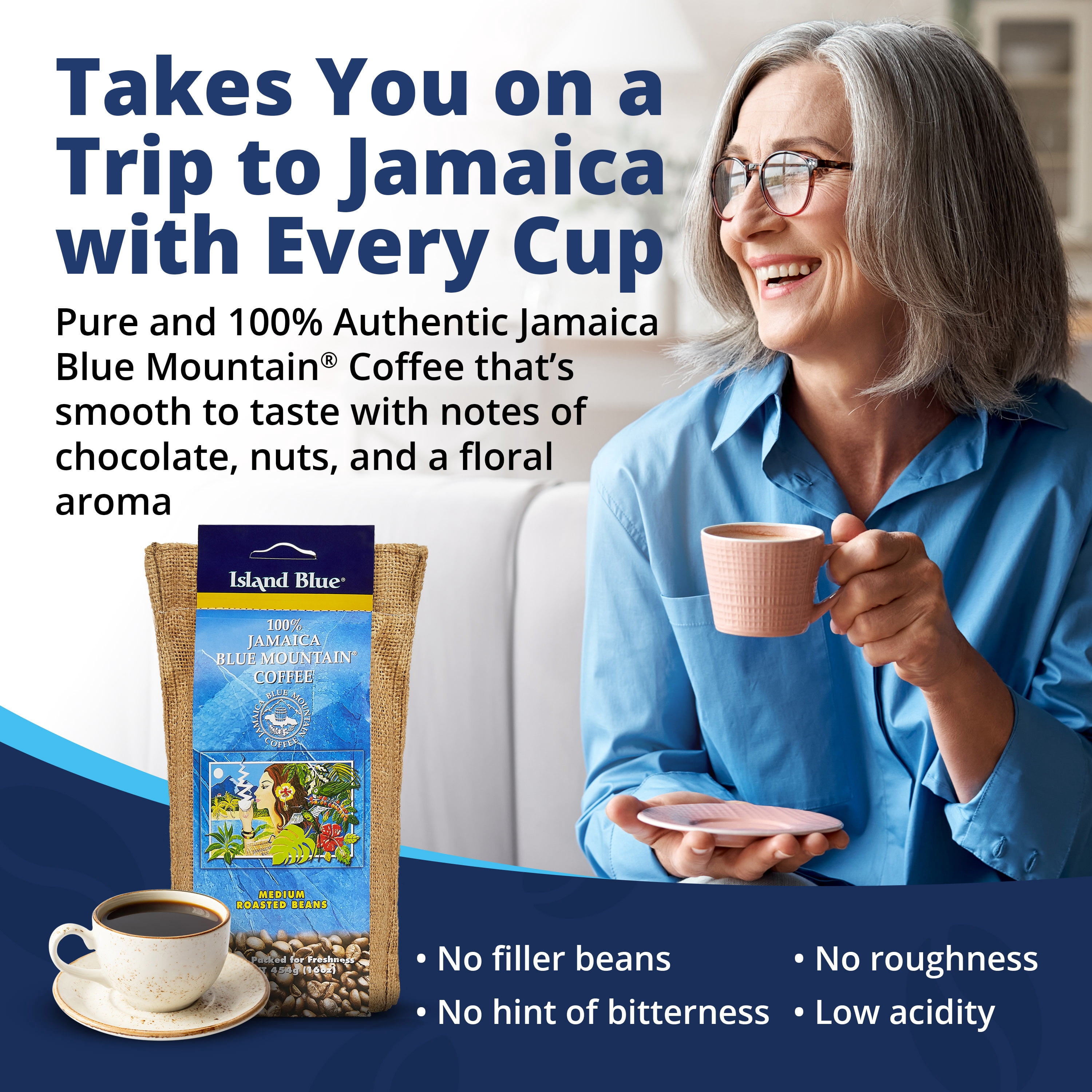 Island Blue Jamaican Blue Mountain Coffee Fresh Roasted Coffee Beans Medium Roast 16oz