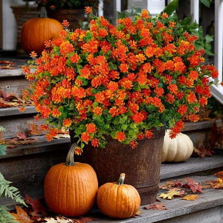 12 Bundles Artificial Autumn Flowers, UV Resistant Faux Chrysanthemums for Outdoor Garden Porch Patio Decor, Red Orange