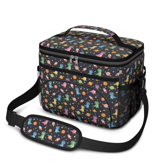 Dinosaur and Planet Black Pattern Insulated Lunch Box for Women Men, Medium Leakproof Cooler Bag with Adjustable Strap, 10"x6.7"x8"