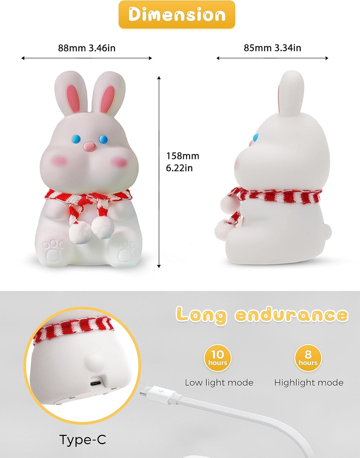 Cute Night Light, Bunny Night Light for Kids, Baby Night Light with Touch Sensor, 1W, USB Rechargeable, 2 Modes[Warm White and Color Gradient], Kawaii Room Decor for Kid's Bedroom, Nursery
