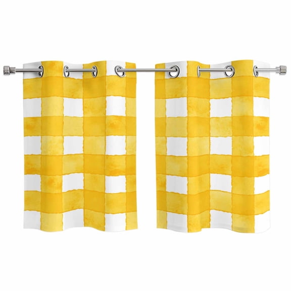 Yellow Plaid Kitchen Curtains Small Short 39 Inch Length, Watercolor Grid Checker Gingham Farmhouse Grommet Bedroom Living Room Curtains, Light Filtering Cafe Curtain Drapes 2 Panels Set 55''x39''