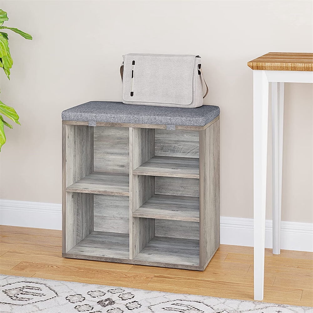 3 Tiers 5 Cube Wood Shoe Bench with Foam Padded Seat Cushion & Side Pocket Shoe Rack
