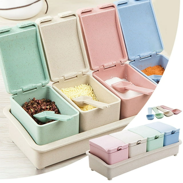 Boreal Craft Kitchen Wheat Straw Seasoning Seasoning Storage Rack Organizer Condiment Holder Container With Spoons Set Of 4 Silicone Bottle Caps Glass Seasoning Containers Copper Empty Shaker Bottles