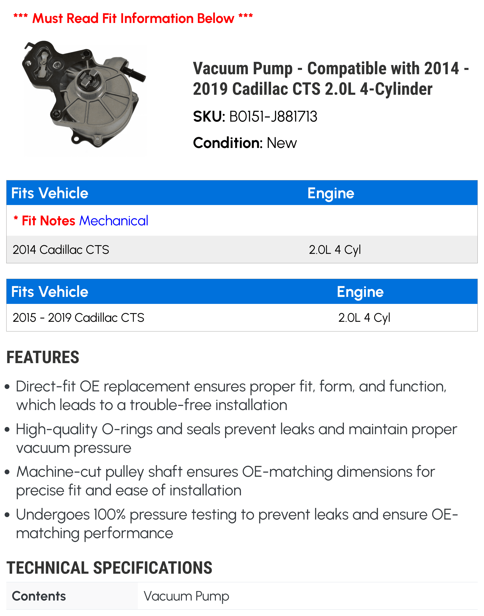 Vacuum Pump - Compatible with 2014 - 2019 Cadillac CTS 2.0L 4-Cylinder 2015 2016 2017 2018
