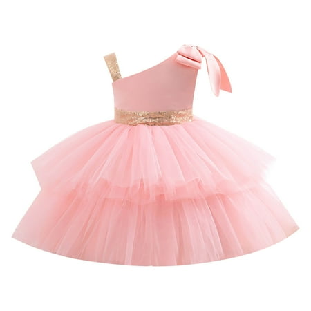 

Rovga Toddler Girl Dress Clothes Pageant Party Dress Long Princess Wedding Sloping Collar Sleeveless Double Mesh Skirt With Bow Shoulder A Line Dress For 1 To 8 Years