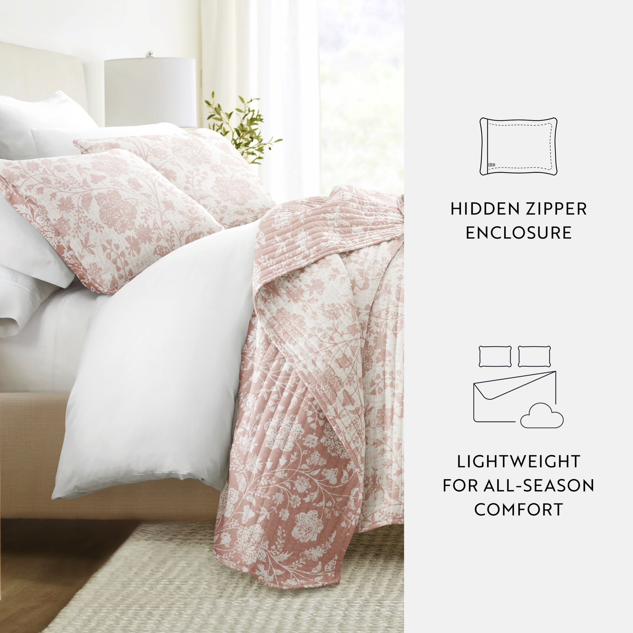 Noble Linens 3-Piece Rose Textured Floral Reversible Quilt Set, Queen