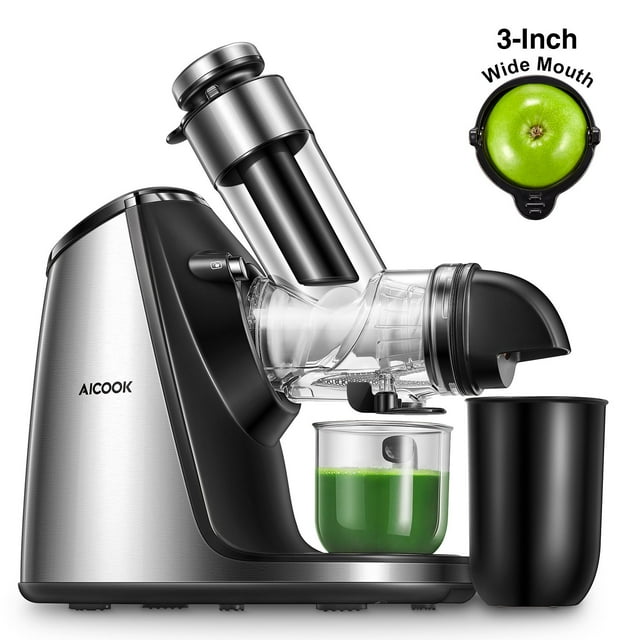 Juicer, AICOOK Slow Masticating Juicer Easy to Clean with 3in Large Feed Chute, Cold Press Extractor with Quiet Motor, Higher Nutrition with Ceramic Auger, Ice Cream ACC & Juice Recipes