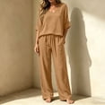 thumbnail image 6 of Mifsaly Linen 2 Piece Set for Women V Neck Short Sleeve Loose Tops and Flowy Wide Leg Trousers with Pockets Lightweight Casual Office Vacation Matching Outfits Khaki,XXL, 6 of 7