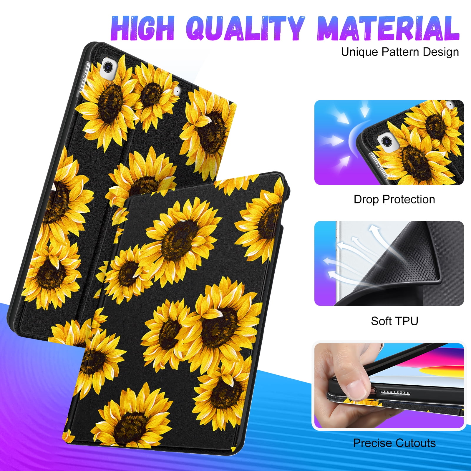 Gemfits Case for iPad 7/8/9 - Flexible Soft TPU Stand Back Cover with Pencil Holder, Auto Sleep/Wake, Sunflower_Leopard