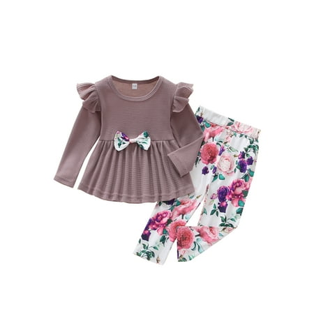 

Toddler Baby Girls 2Pcs Autumn Outfits Long Sleeve Bow Front Pleathed Tops Floral Pants Clothes Set