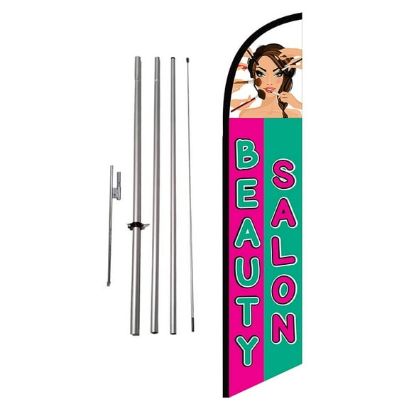 Beauty Salon Advertising Feather Banner Swooper Flag Sign with 15 foot Flag Pole Kit and Ground Stake