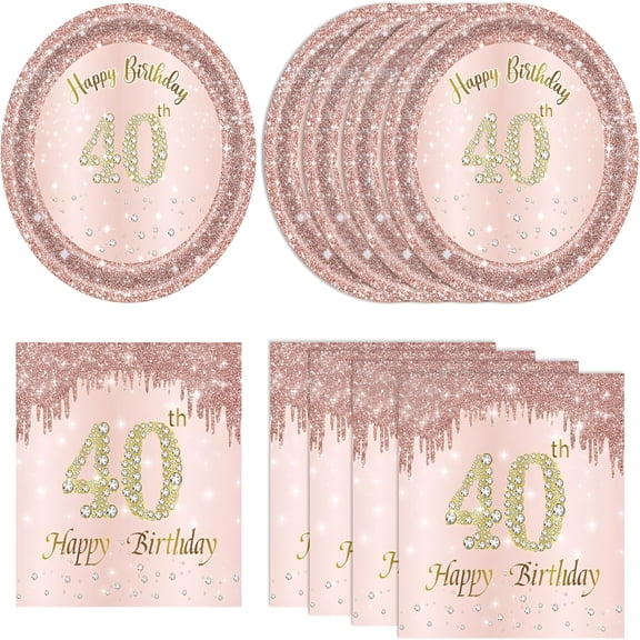 CCOCC 40 Pcs 40Th Birthday Decorations for Women 40Th Birthday Plates and Napkins Set Forty Year Old Party Disposable Tableware Set for Rose Gold 1986 40Th Birthday Decorations