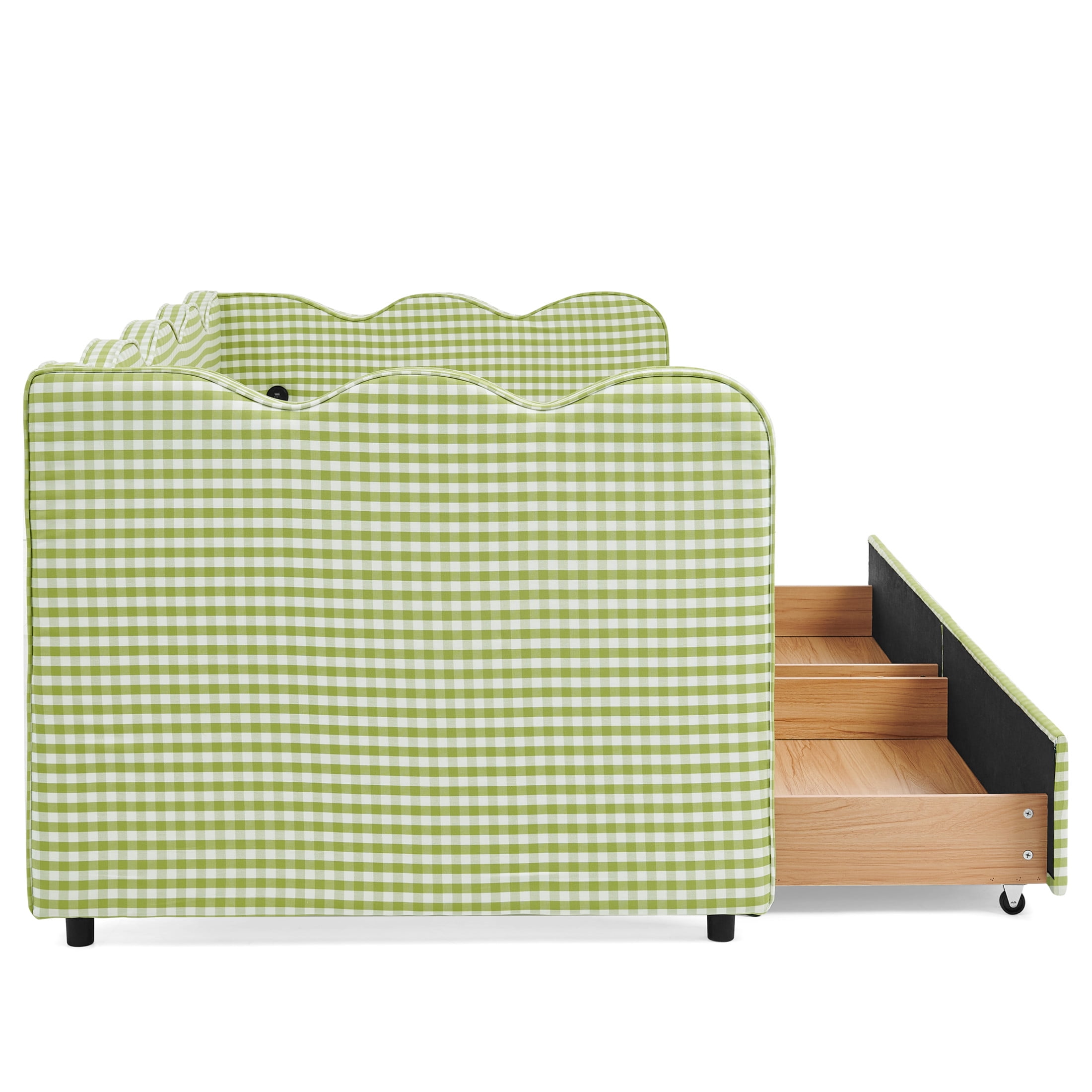 Noble House Corlan Twin Size Waved Daybed, Cozy Gingham Linen Sofa Bed with Storage Drawers and Charging Port, Green