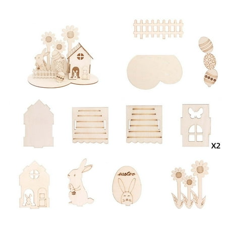 

Christmas Deal Easter Wooden Ornaments Children DIY Painted Desktop Ornaments Rabbit Easter Eggs Cabin Puzzle Ornaments