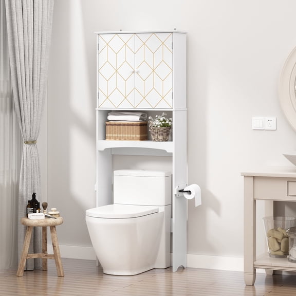 DOJJ Over the Toilet Storage with Geometric Design, Bathroom Organizer with Toilet Paper Holder, White