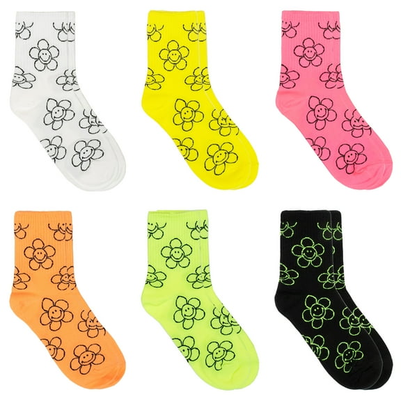 Women's Crew Neon Crush Flower Heart Pattern Socks - 6 Pair Set w/ Gift Box - Daily Fashion Socks - Made in Korea