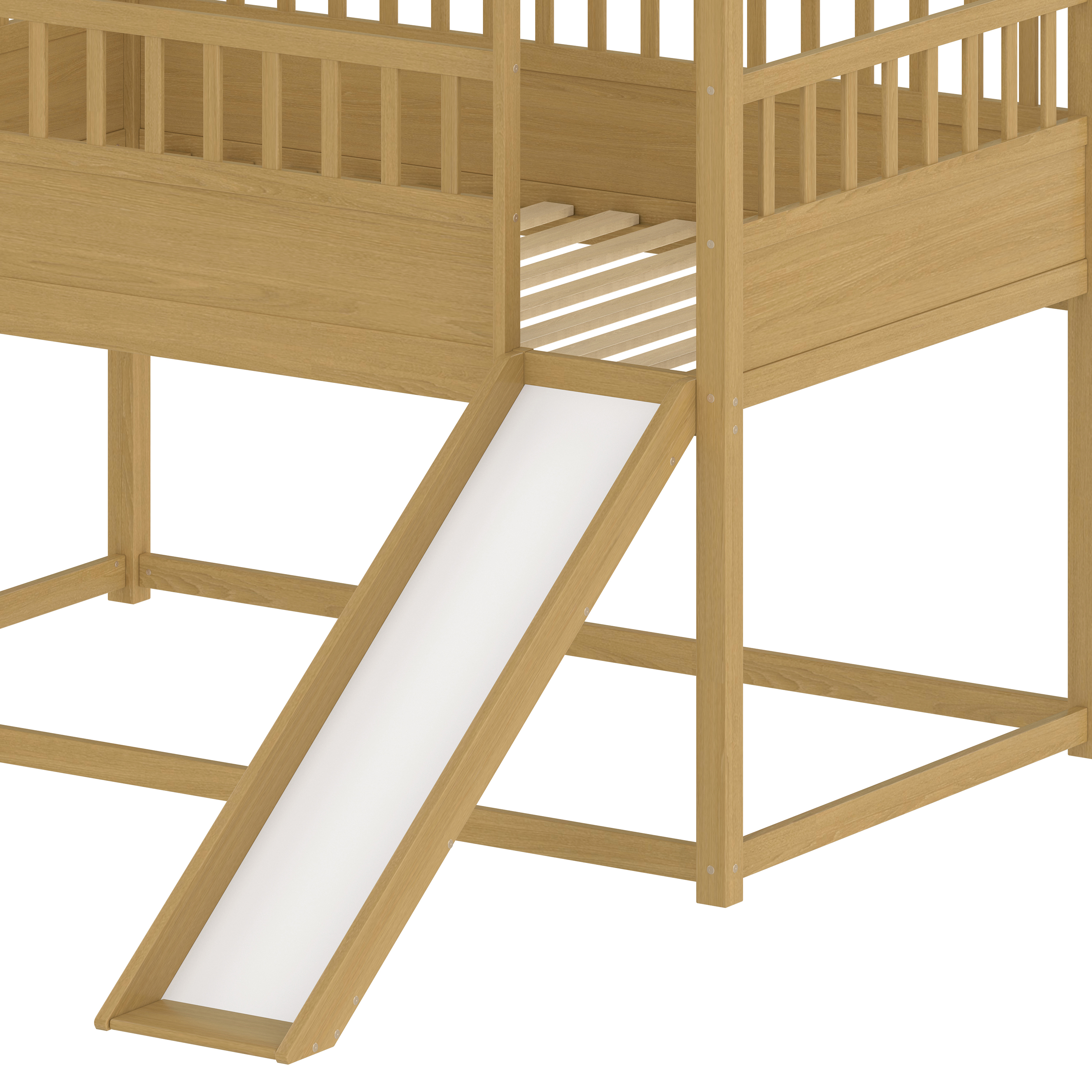 Miniyam Wood Twin Over Twin House Bunk Bed with Slide & Guardrail for Kids, Natural