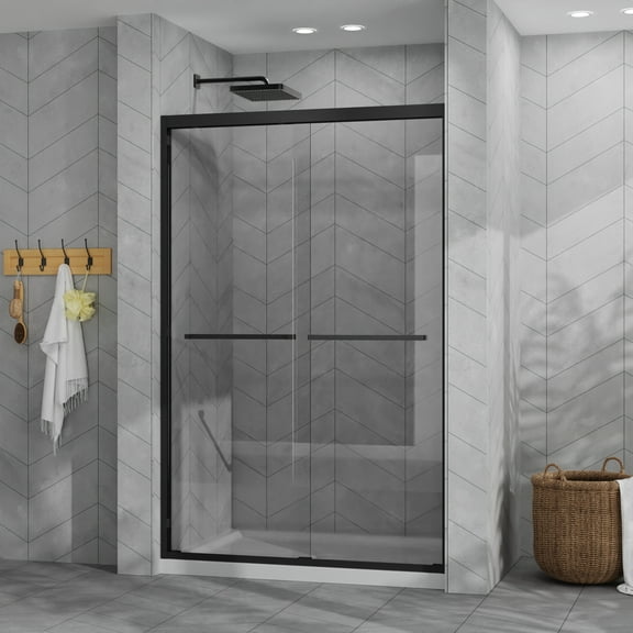 Geemuslly 48"x72" Sliding Shower Door Combo with 48" White Acrylic Shower Base, Aluminum Framed Double Sliding Door, 1/4" Clear Tempered Glass, Matte Black Hardware
