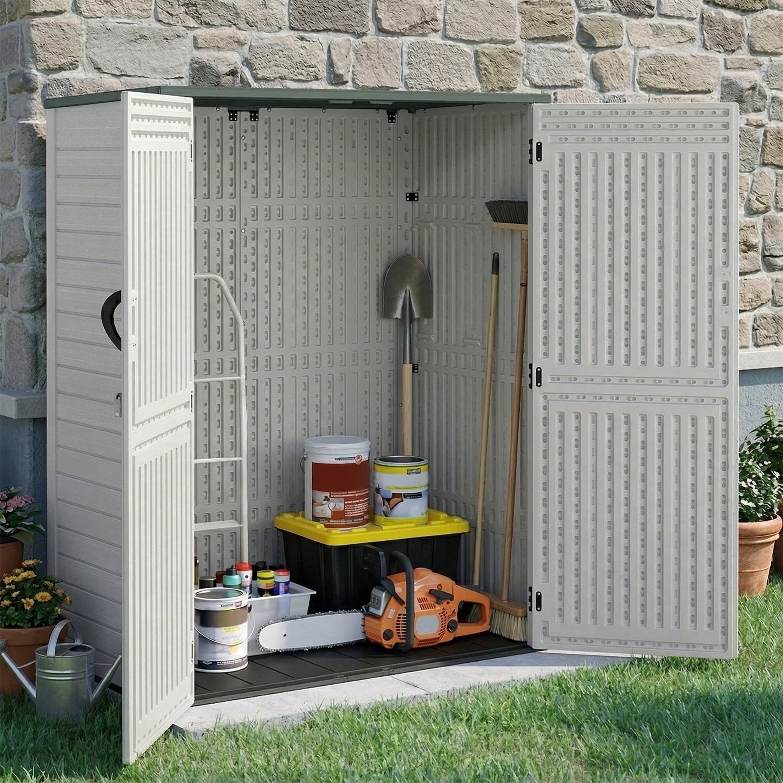 EHHLY 60 Cuft Vertical Outdoor Storage Cabinet, Waterproof Resin Garden Tool Organizer, 4.5 x 2.3 ft Backyard Lawn Mower Storage, Light Gray