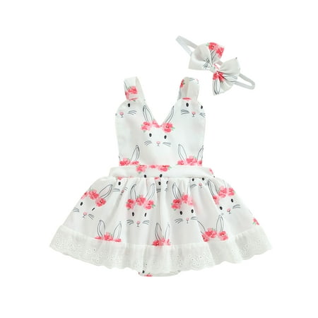 

Seyurigaoka Baby Girls Easter Romper Dress Rabbit Print Halter Neck Sleeveless Lace Trim Ruffles Skirt Hem Baby Bodysuits with Headwear